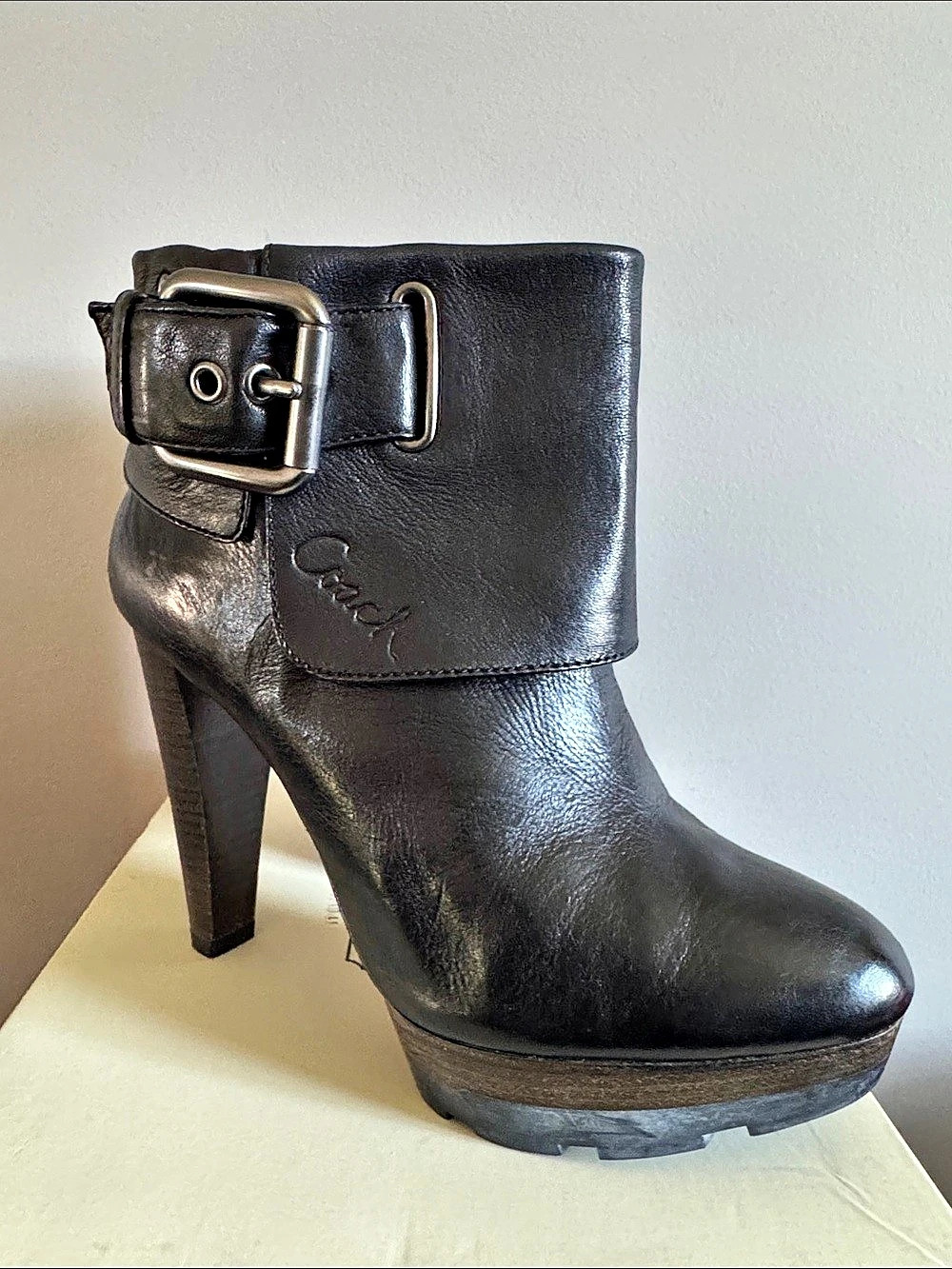 Coach Aliza Waxy Leather Bootie Platform Ankle Boots Black US 7.5
